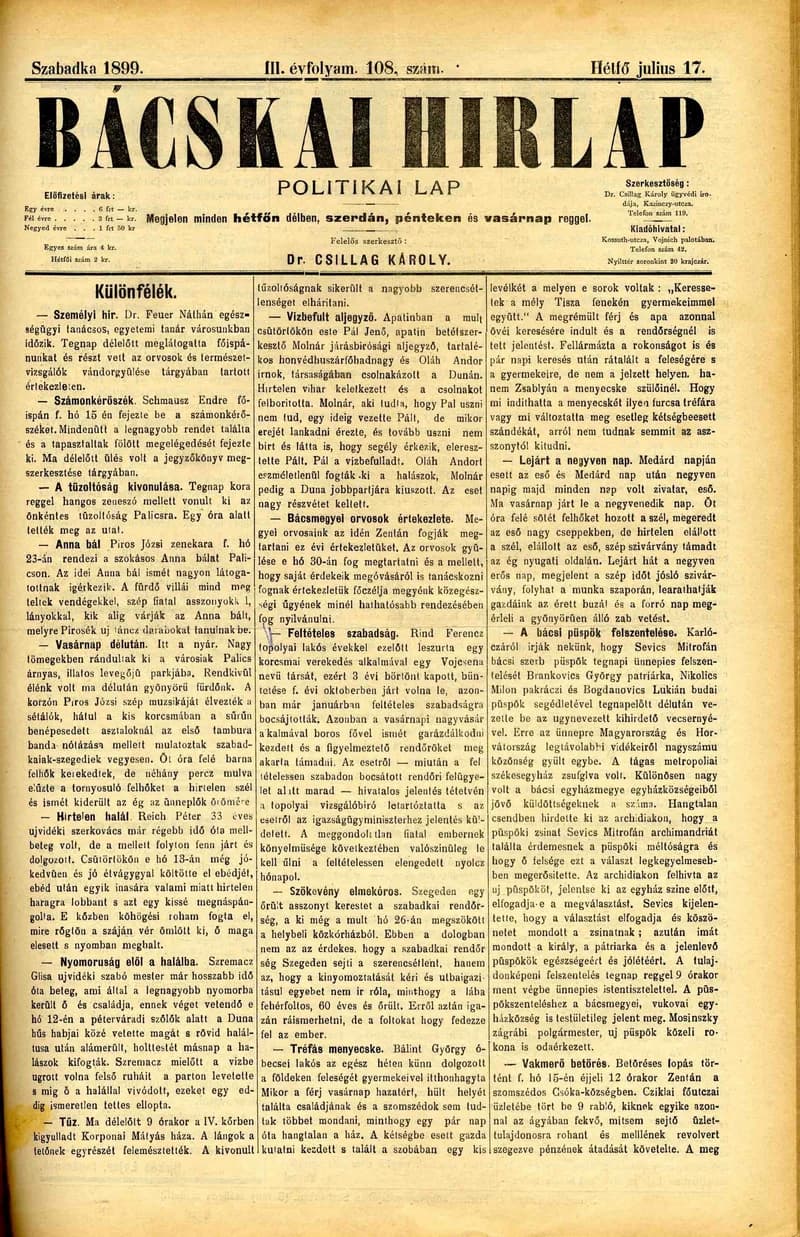 Bácskai Hirlap, 3. évf. 1899. július 17. 108. sz.