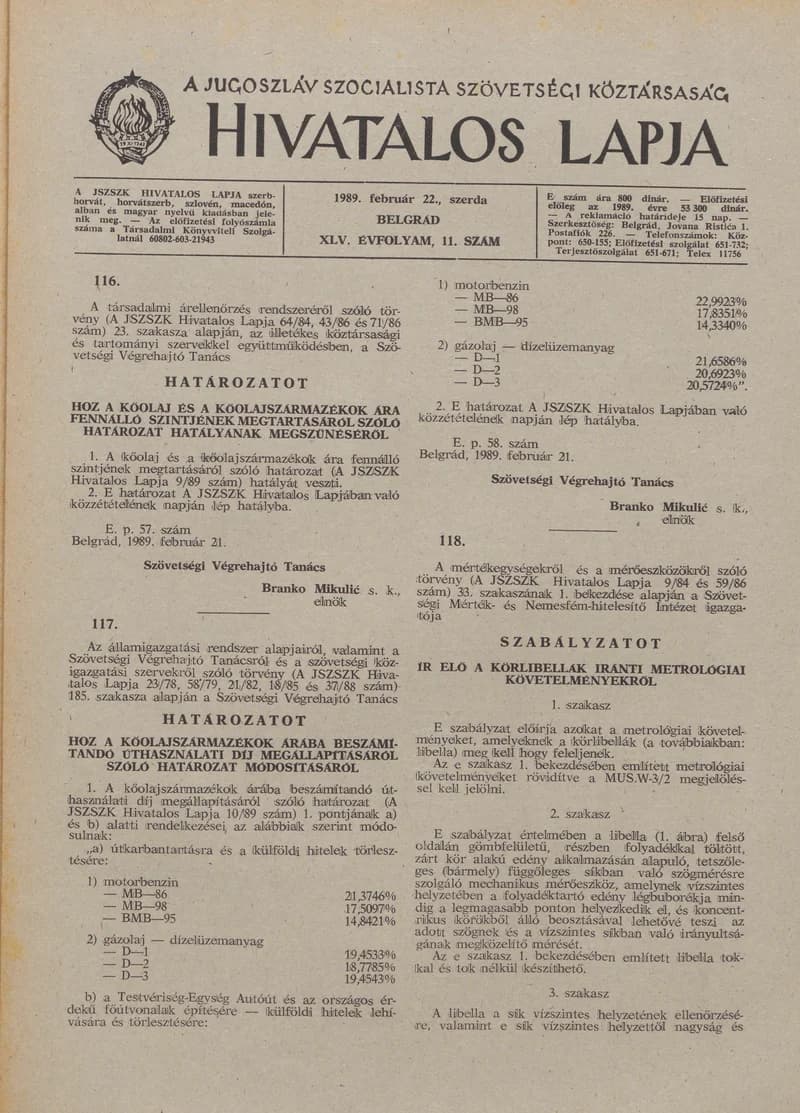 A Jugoszláv Szocialista Szövetségi Köztársaság Hivatalos Lapja, 45. évf. 1989. február 22. 11. sz. 273–276. oldal