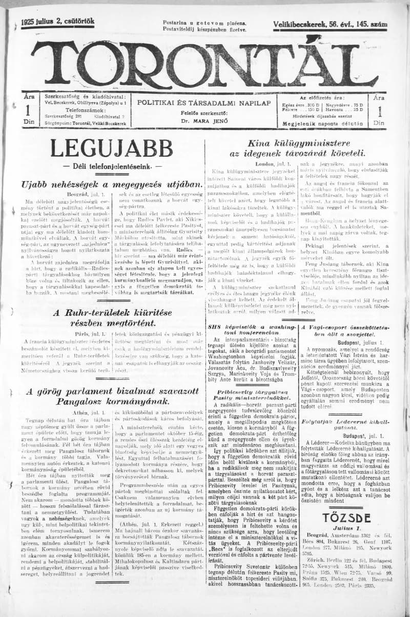 Torontál, 54. évf. 1925. július 2. 145. sz.
