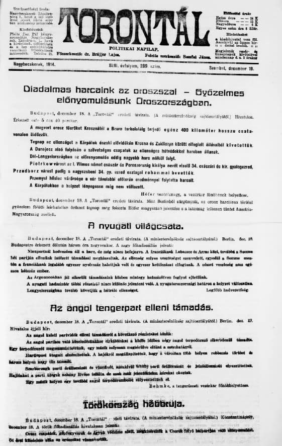 Torontál, 43. évf. 1914. december 19. 289. sz.