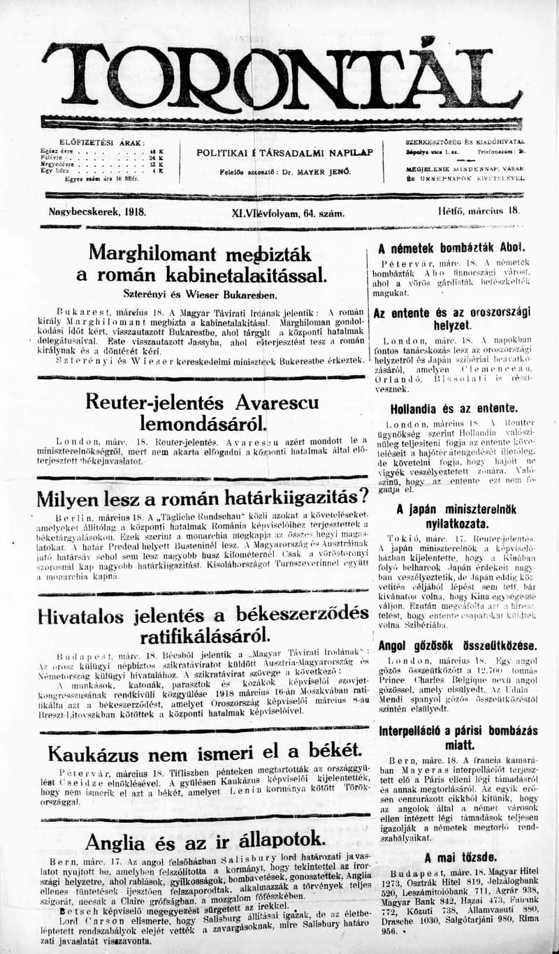 Torontál, 47. évf. 1918. március 18. 64. sz.