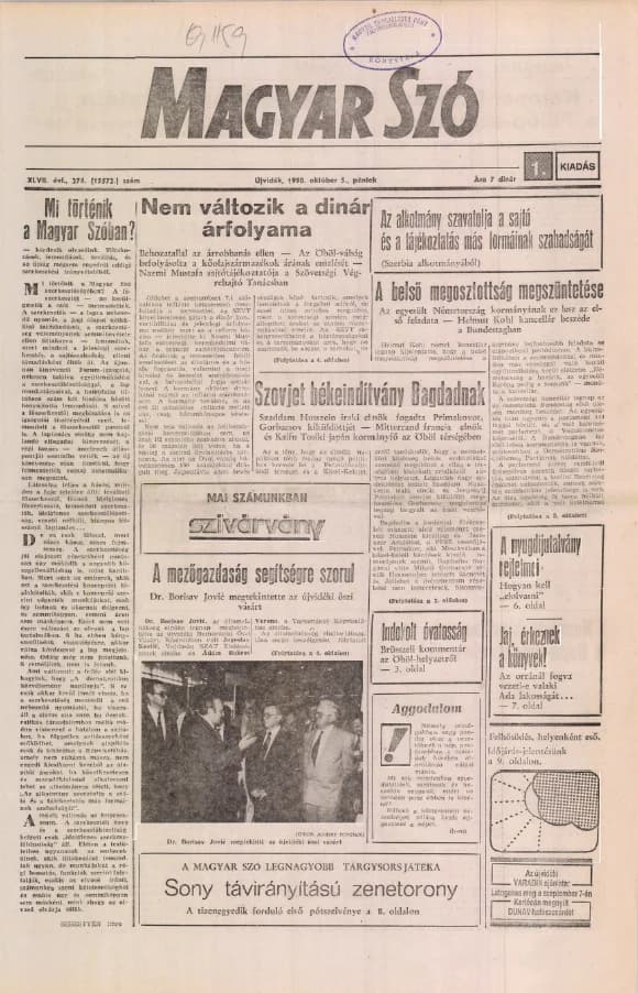 Magyar Szó, 47. évf. 1990. október 5. 274. sz. 1–16. oldal