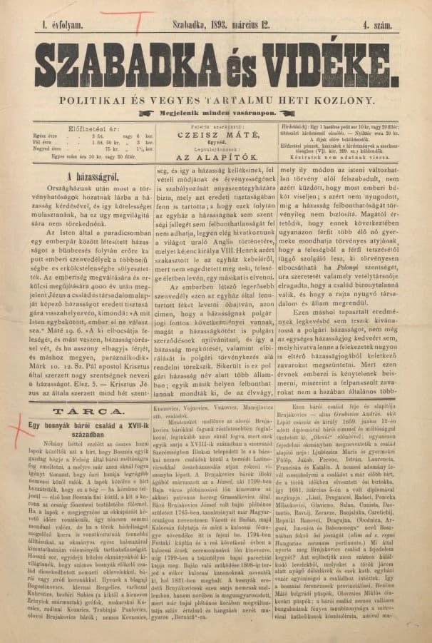 Szabadka és vidéke II, 1. évf. 1893. március 12. 4. sz.