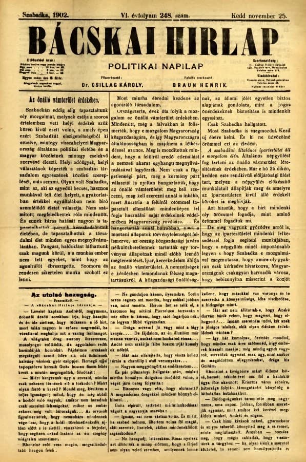 Bácskai Hirlap, 6. évf. 1902. november 25. 248. sz.