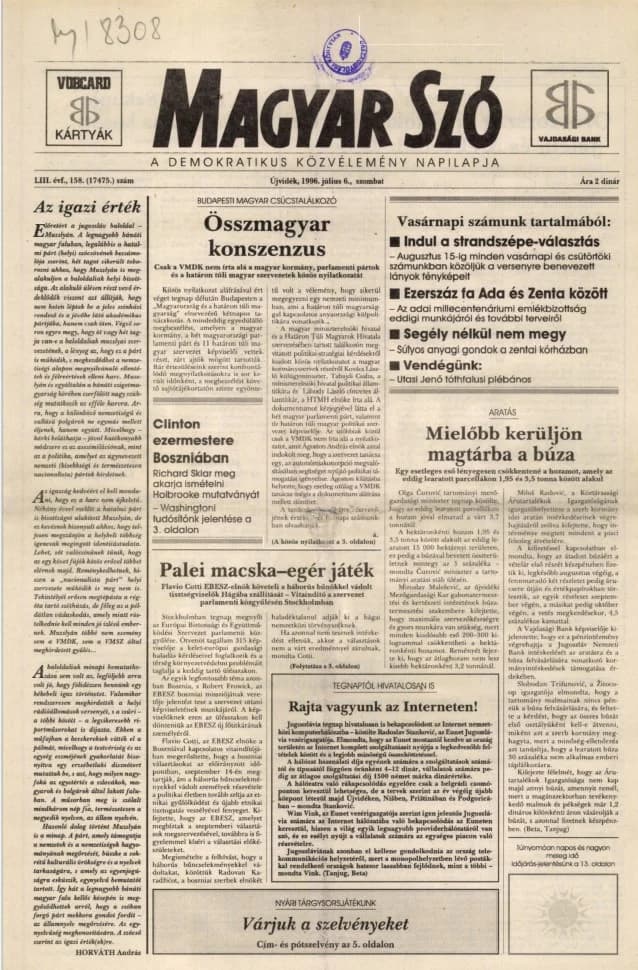 Magyar Szó, 53. évf. 1996. július 6. 158. sz. 1–16. oldal
