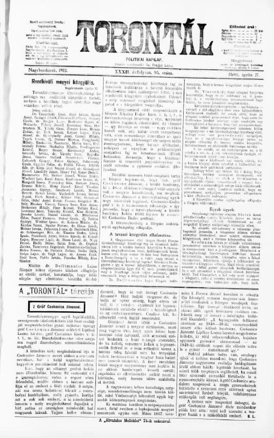Torontál, 32. évf. 1903. április 27. 95. sz.