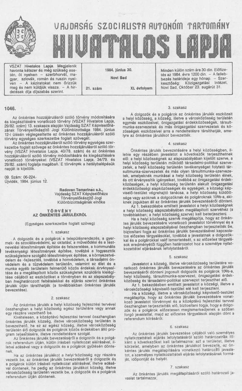 Vajdaság Szocialista Autonóm Tartomány Hivatalos Lapja, 40. évf. 1984. június 30. 21. sz.