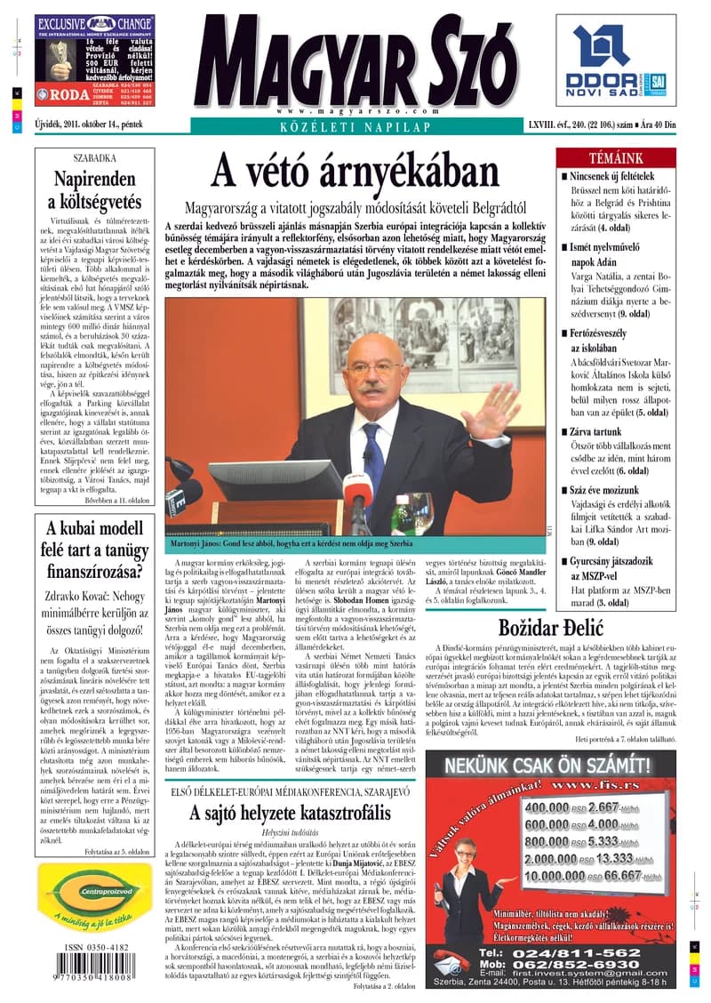 Magyar Szó, 68. évf. 2011. október 14. 240. sz. 1–20. oldal