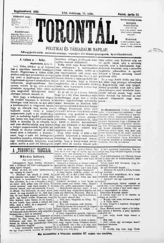 Torontál, 21. évf. 1892. április 22. 73. sz.