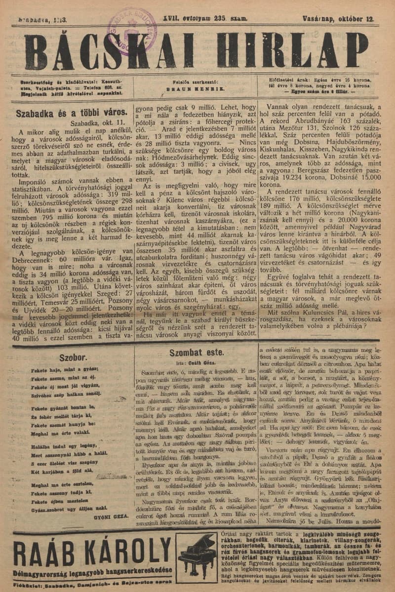 Bácskai Hirlap, 17. évf. 1913. október 12. 235. sz.