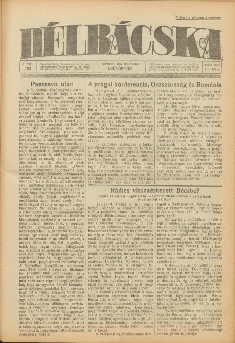 Délbácska, 5. évf. 1924. július 3. 152. sz.