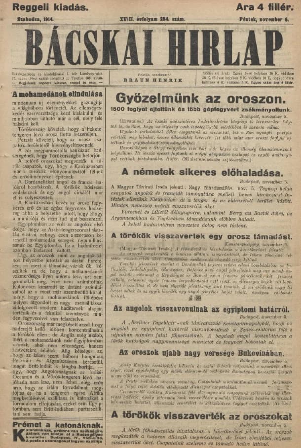 Bácskai Hirlap, 18. évf. 1914. november 6. 284. sz.