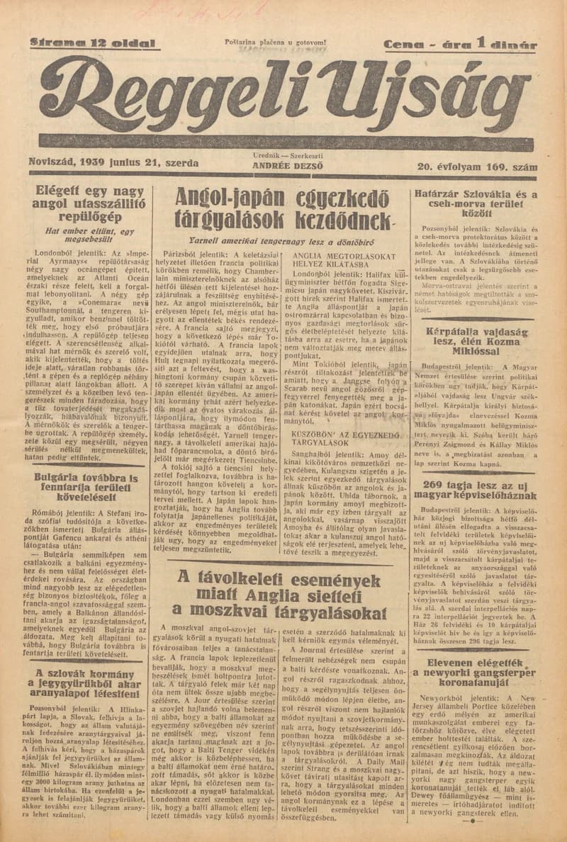 Reggeli Újság, 20. évf. 1939. június 21. 169. sz.