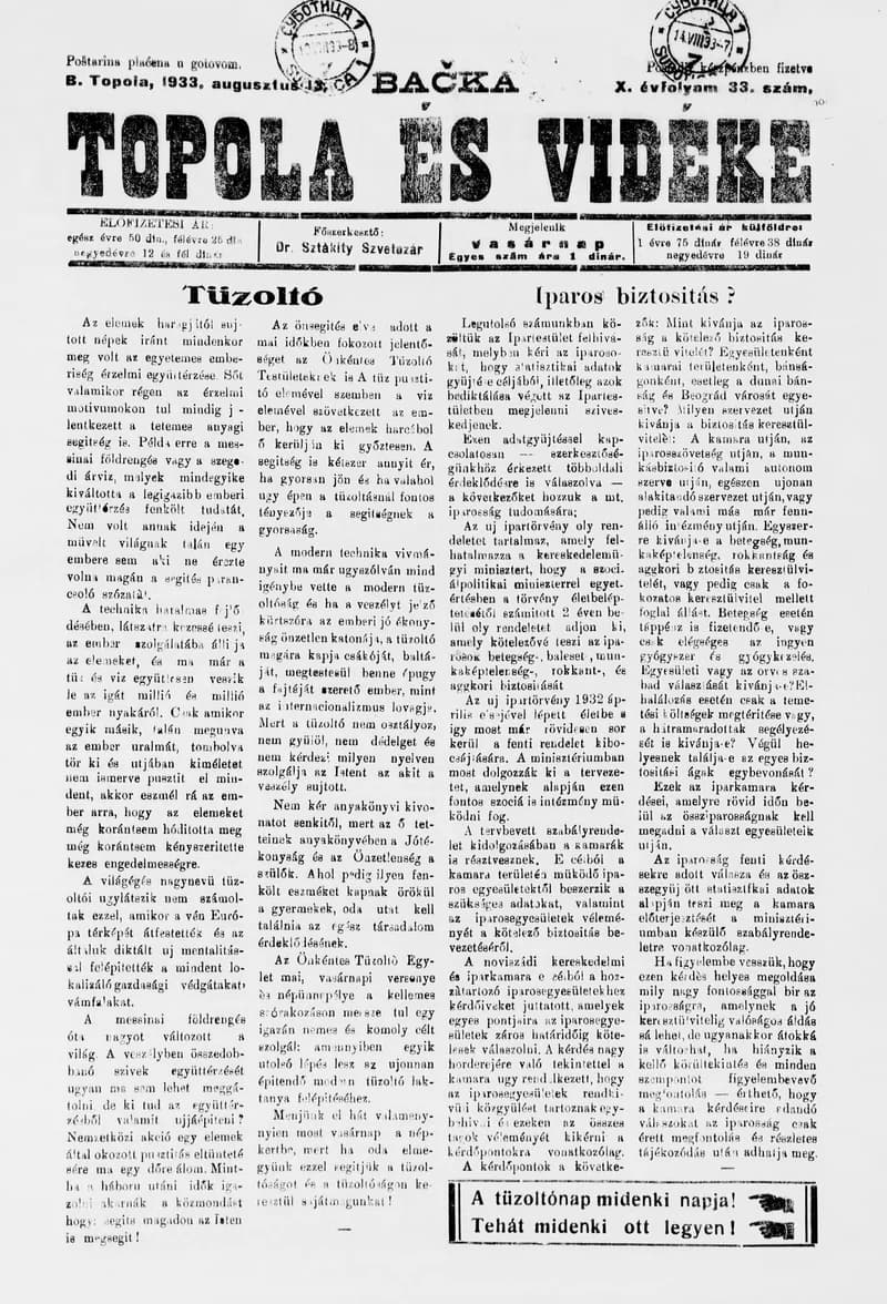 Bačka Topola és Vidéke, 10. évf. 1933. augusztus 13. 33. sz.