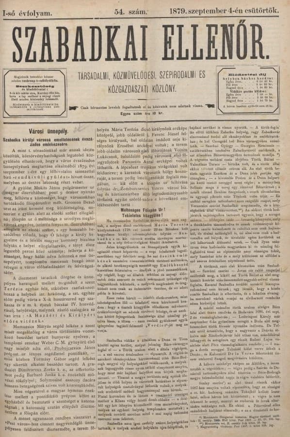 Szabadkai Ellenőr, 1. évf. 1879. szeptember 4. 54. sz.
