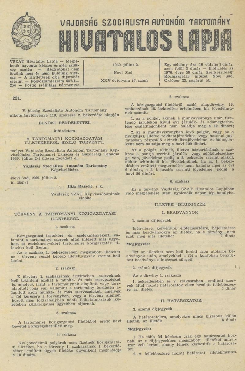 Vajdaság Szocialista Autonóm Tartomány Hivatalos Lapja, 25. évf. 1969. július 2. 16. sz. 325–328. oldal