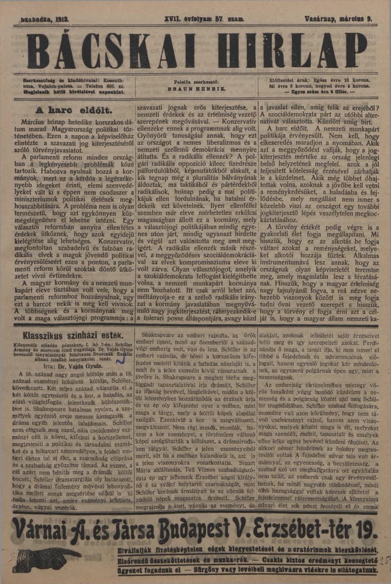 Bácskai Hirlap, 17. évf. 1913. március 9. 57. sz.