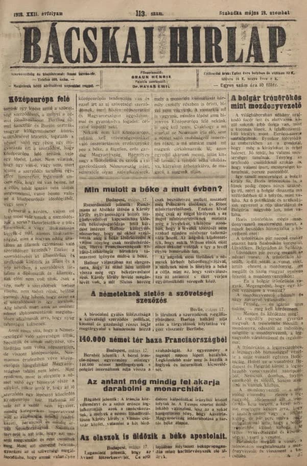 Bácskai Hirlap, 22. évf. 1918. május 18. 113. sz.