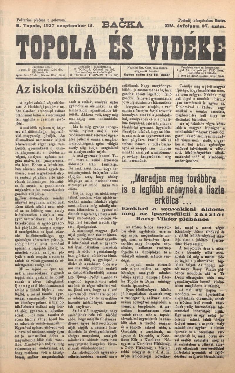 Bačka Topola és Vidéke, 14. évf. 1937. szeptember 12. 37. sz.