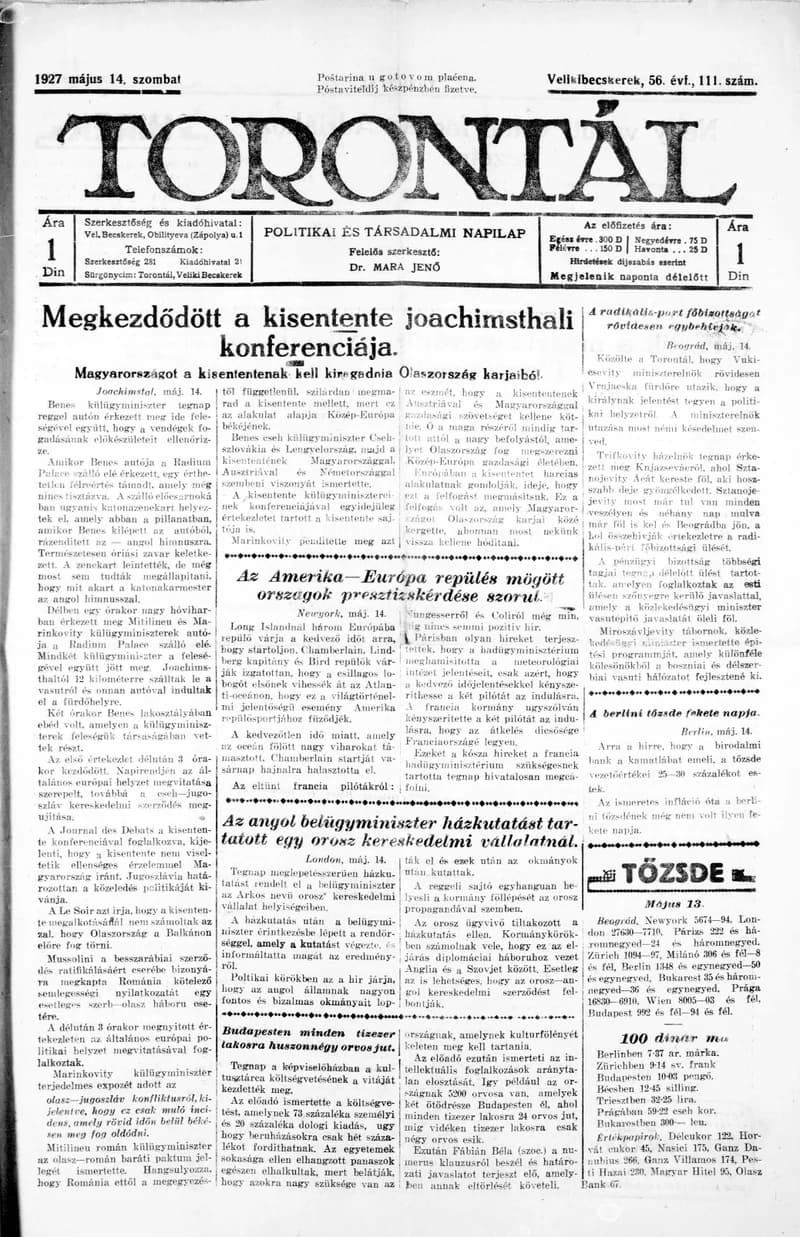 Torontál, 56. évf. 1927. május 14. 111. sz.