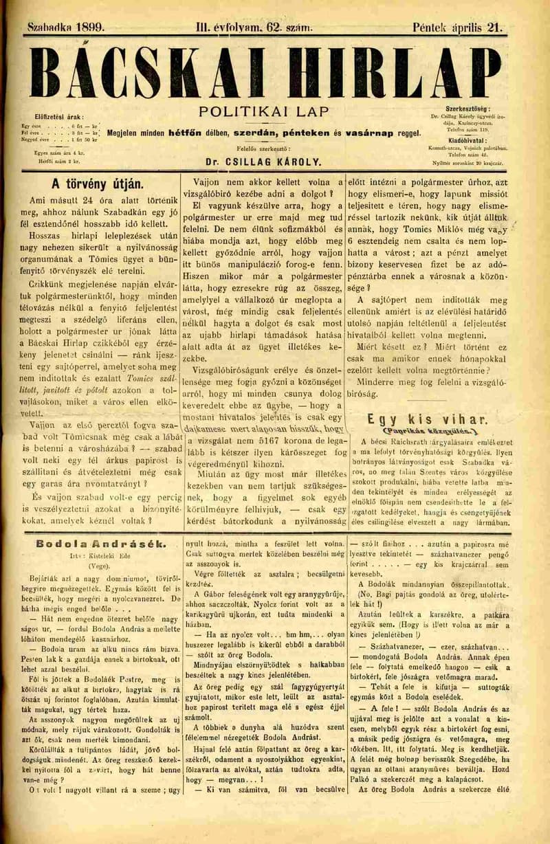 Bácskai Hirlap, 3. évf. 1899. április 21. 62. sz.