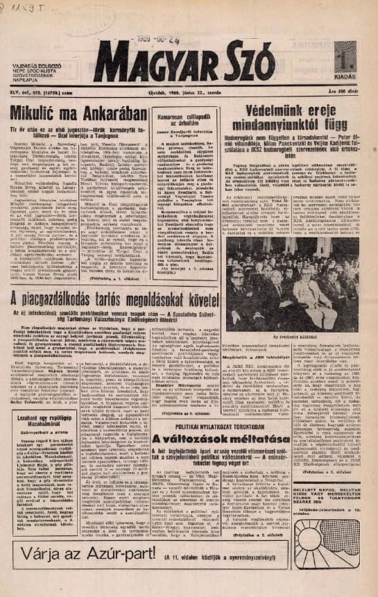 Magyar Szó, 45. évf. 1988. június 22. 170. sz. 1–20. oldal