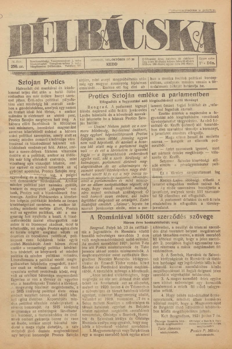 Délbácska, 4. évf. 1923. október 30. 250. sz.