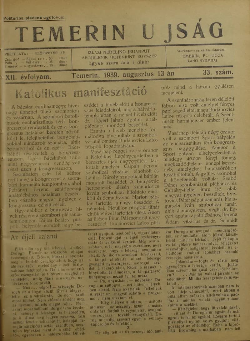 Temerini Újság 1928-1944, 12. évf. 1939. augusztus 13. 33. sz.