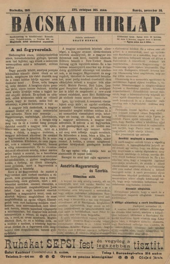 Bácskai Hirlap, 16. évf. 1912. november 20. 265. sz.