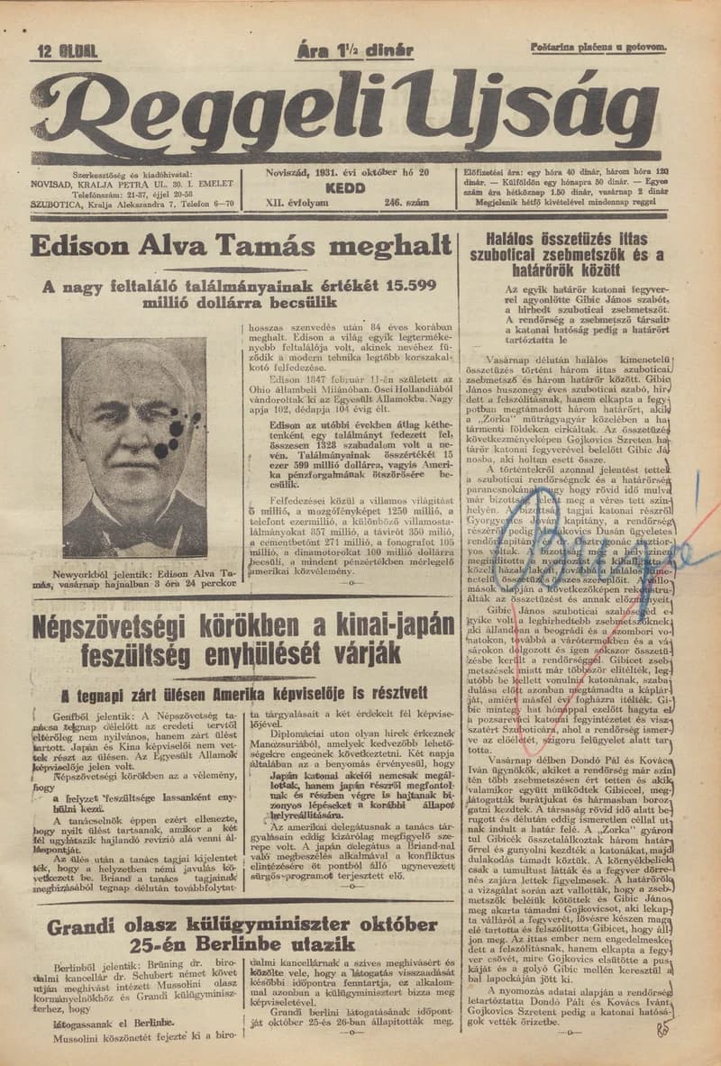 Reggeli Újság, 12. évf. 1931. október 20. 246. sz.