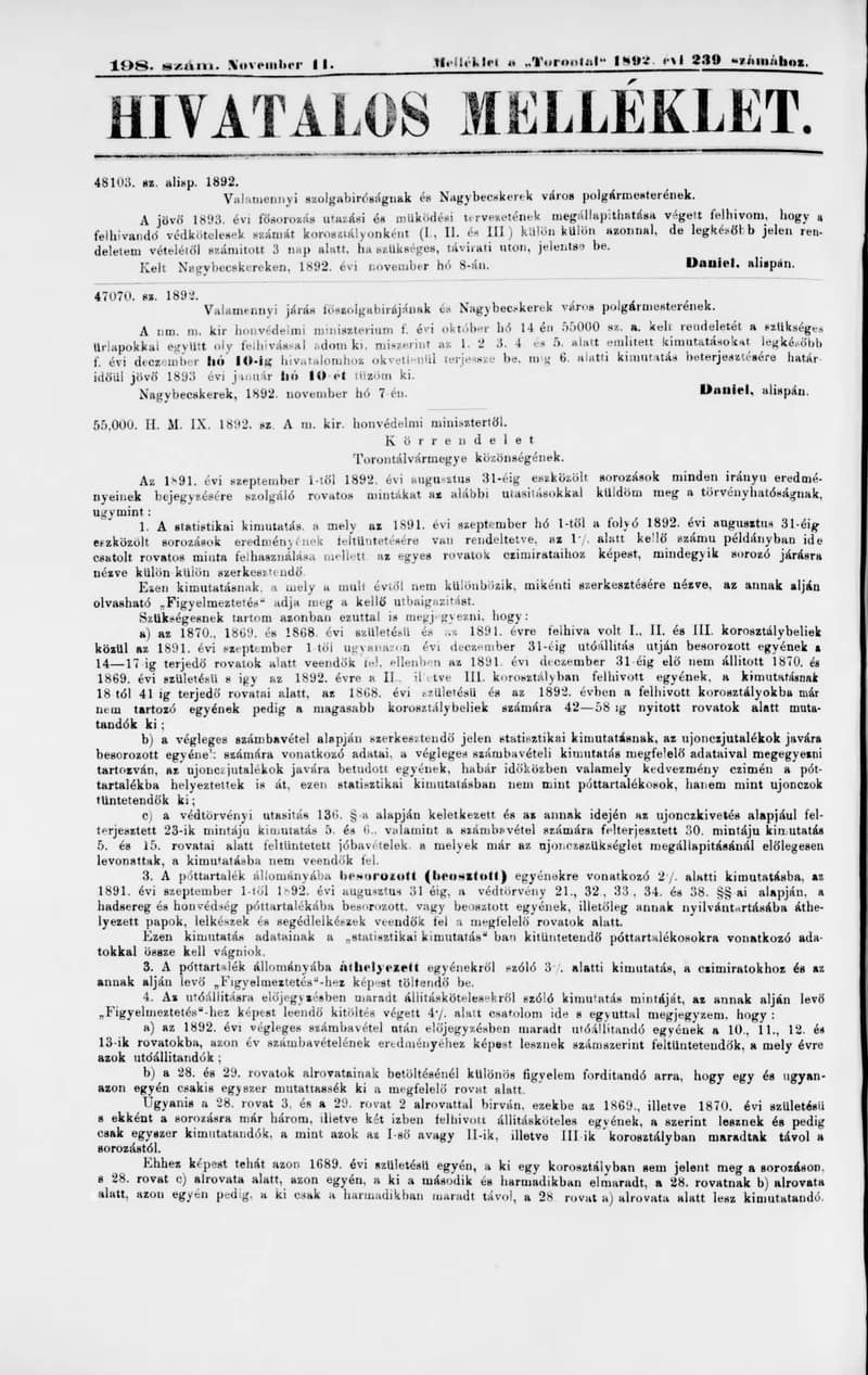 A Totontál  hivatalos melléklete, 5. évf. 1892. november 11. 198. sz.