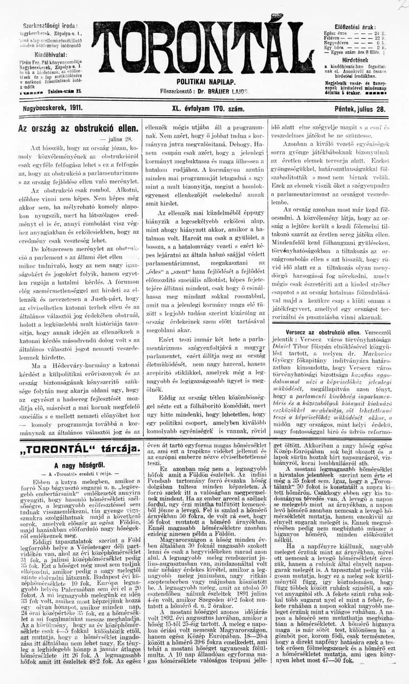 Torontál, 40. évf. 1911. július 28. 170. sz.