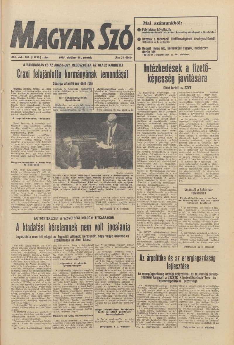 Magyar Szó, 42. évf. 1985. október 18. 287. sz. 1–20. oldal