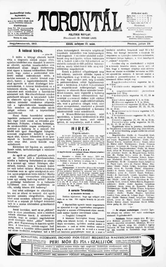 Torontál, 39. évf. 1910. július 29. 171. sz.