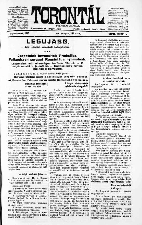 Torontál, 45. évf. 1916. október 11. 233. sz.
