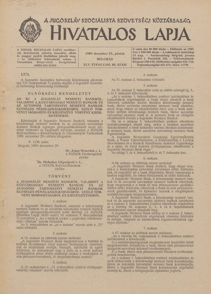 A Jugoszláv Szocialista Szövetségi Köztársaság Hivatalos Lapja, 45. évf. 1989. december 29. 88. sz. 2141–2196. oldal