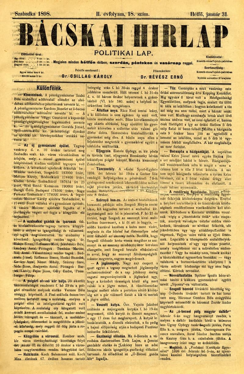Bácskai Hirlap, 2. évf. 1898. január 31. 18. sz. 1–2. oldal