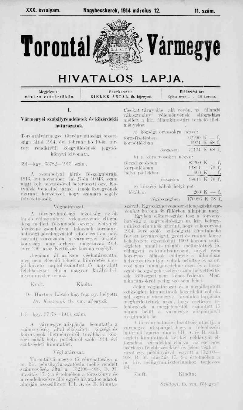 Torontál Vármegye Hivatalos Lapja, 30. évf. 1914. március 12. 11. sz.