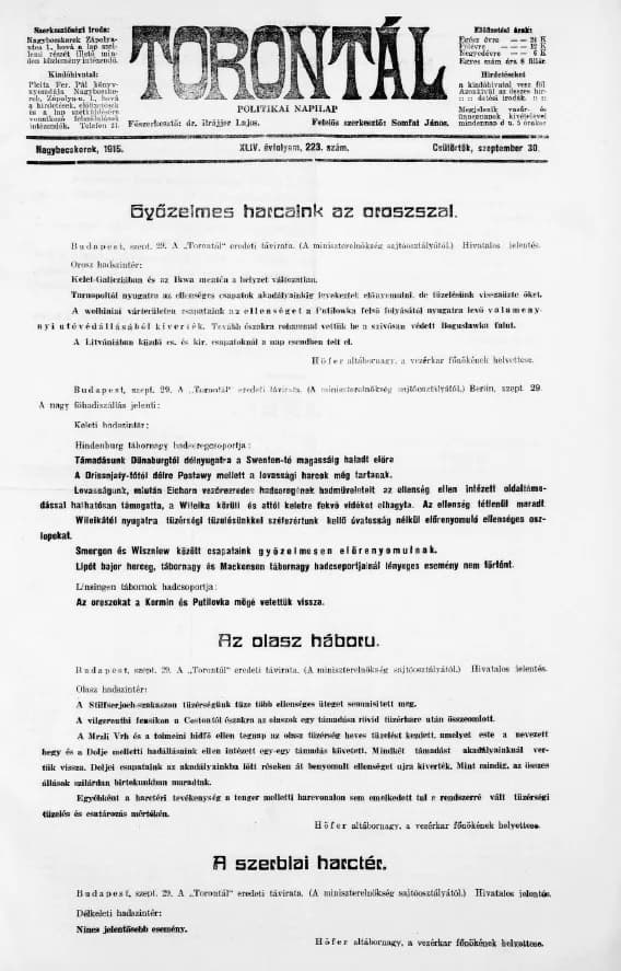 Torontál, 44. évf. 1915. szeptember 30. 223. sz.