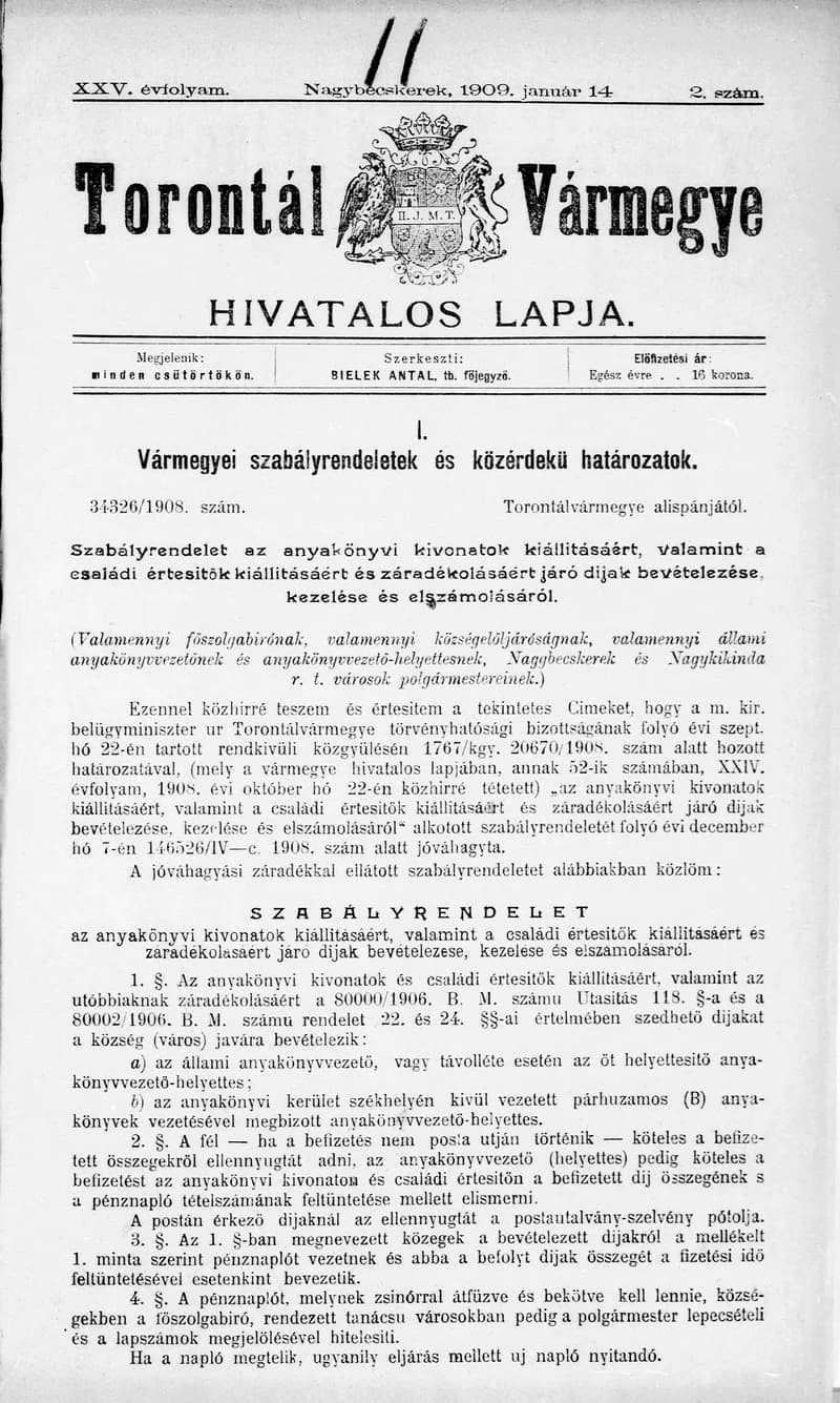 Torontál Vármegye Hivatalos Lapja, 25. évf. 1909. január 14. 2. sz.
