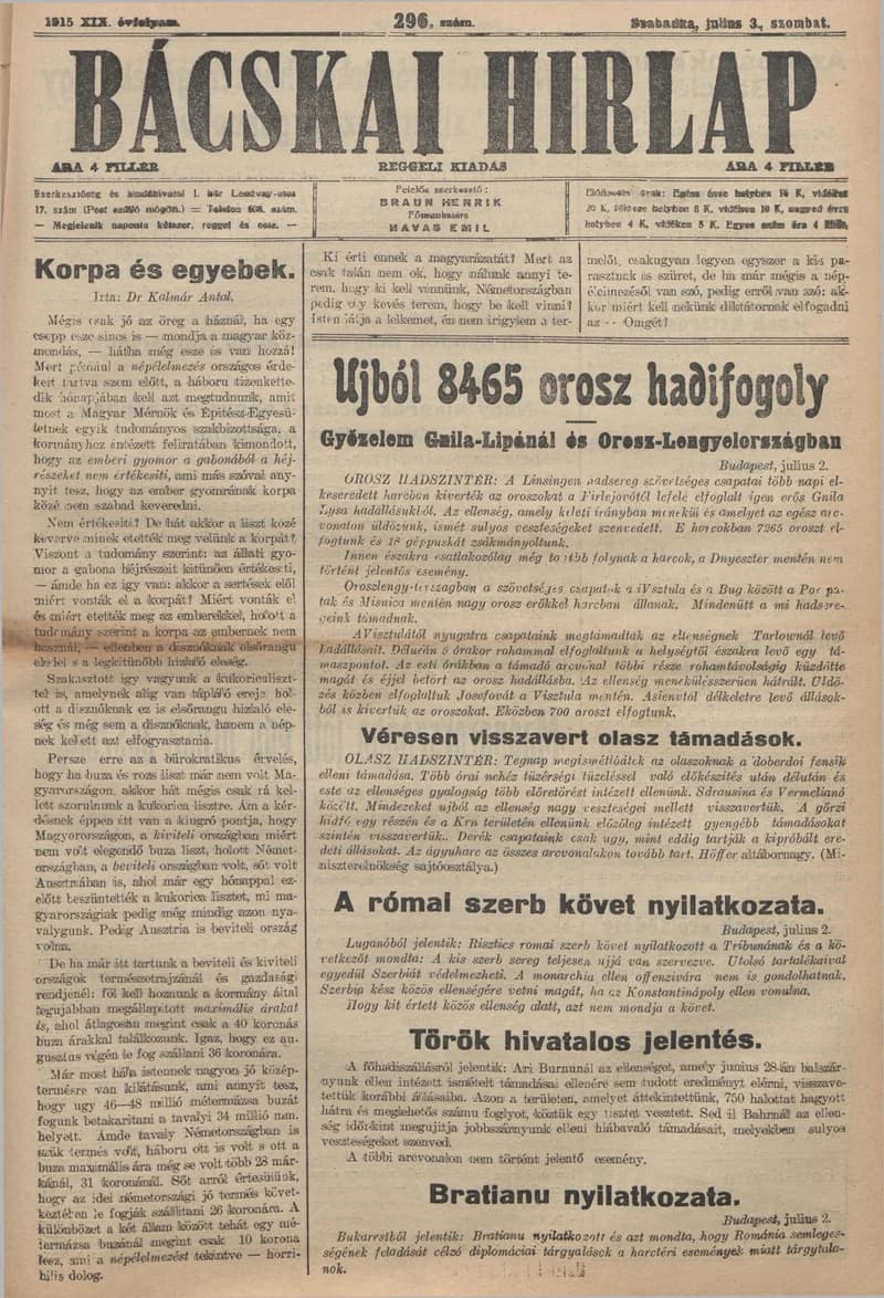 Bácskai Hirlap, 19. évf. 1915. július 3. 296. sz.