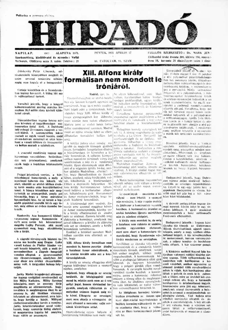 Híradó, 60. évf. 1931. április 17. 88. sz.