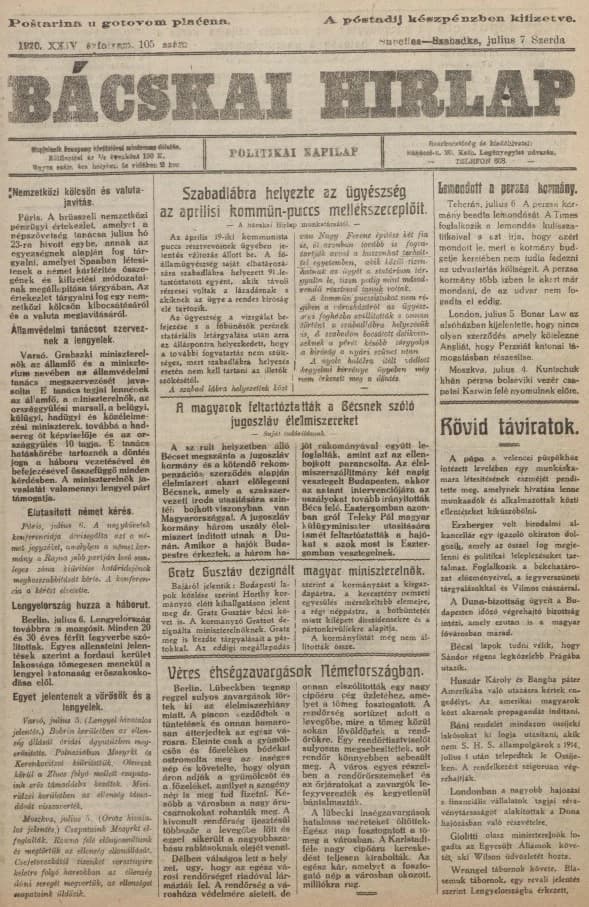 Bácskai Hirlap, 24. évf. 1920. július 7. 105. sz.