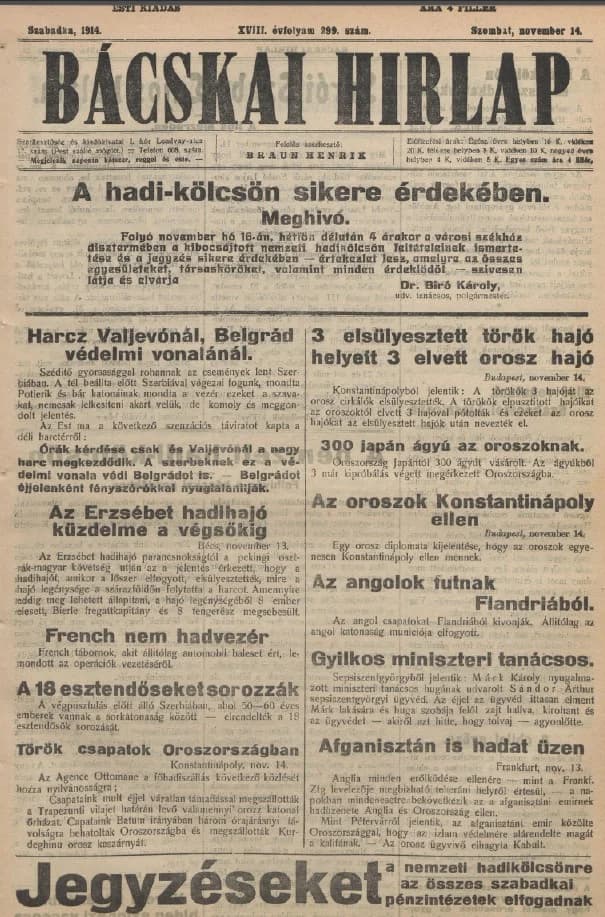 Bácskai Hirlap, 18. évf. 1914. november 14. 299. sz.
