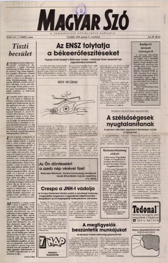 Magyar Szó, 49. évf. 1992. január 9. 7. sz. 1–16. oldal
