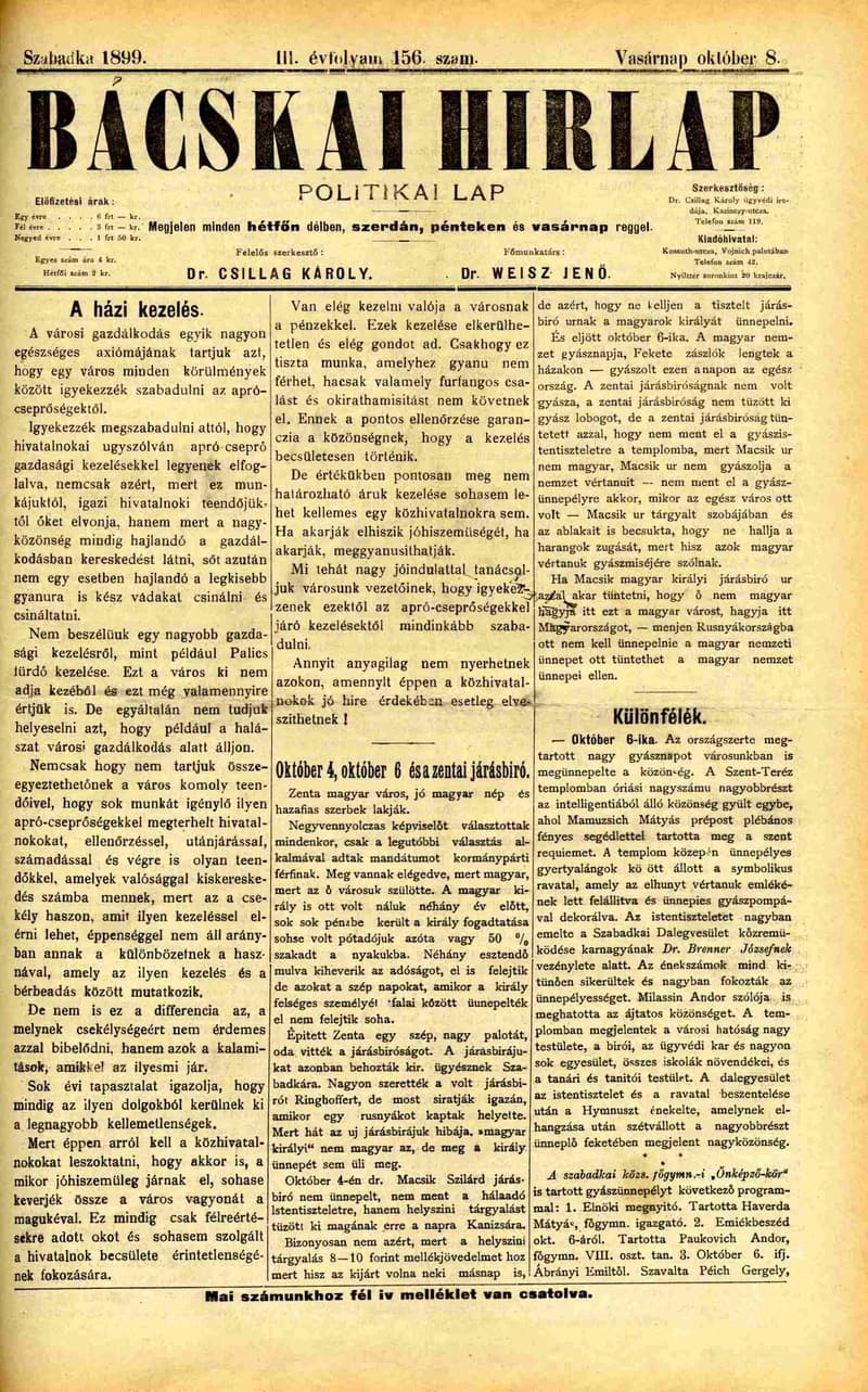 Bácskai Hirlap, 3. évf. 1899. október 8. 156. sz.