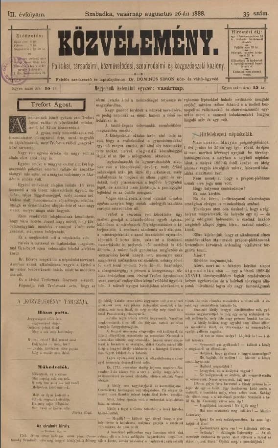 Közvélemény, 3. évf. 1888. augusztus 26. 35. sz.