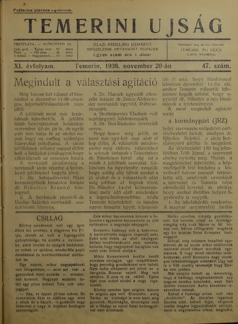Temerini Újság 1928-1944, 11. évf. 1938. november 20. 47. sz.