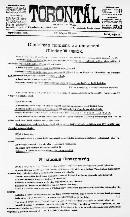 Torontál, 44. évf. 1915. május 21. 115. sz.