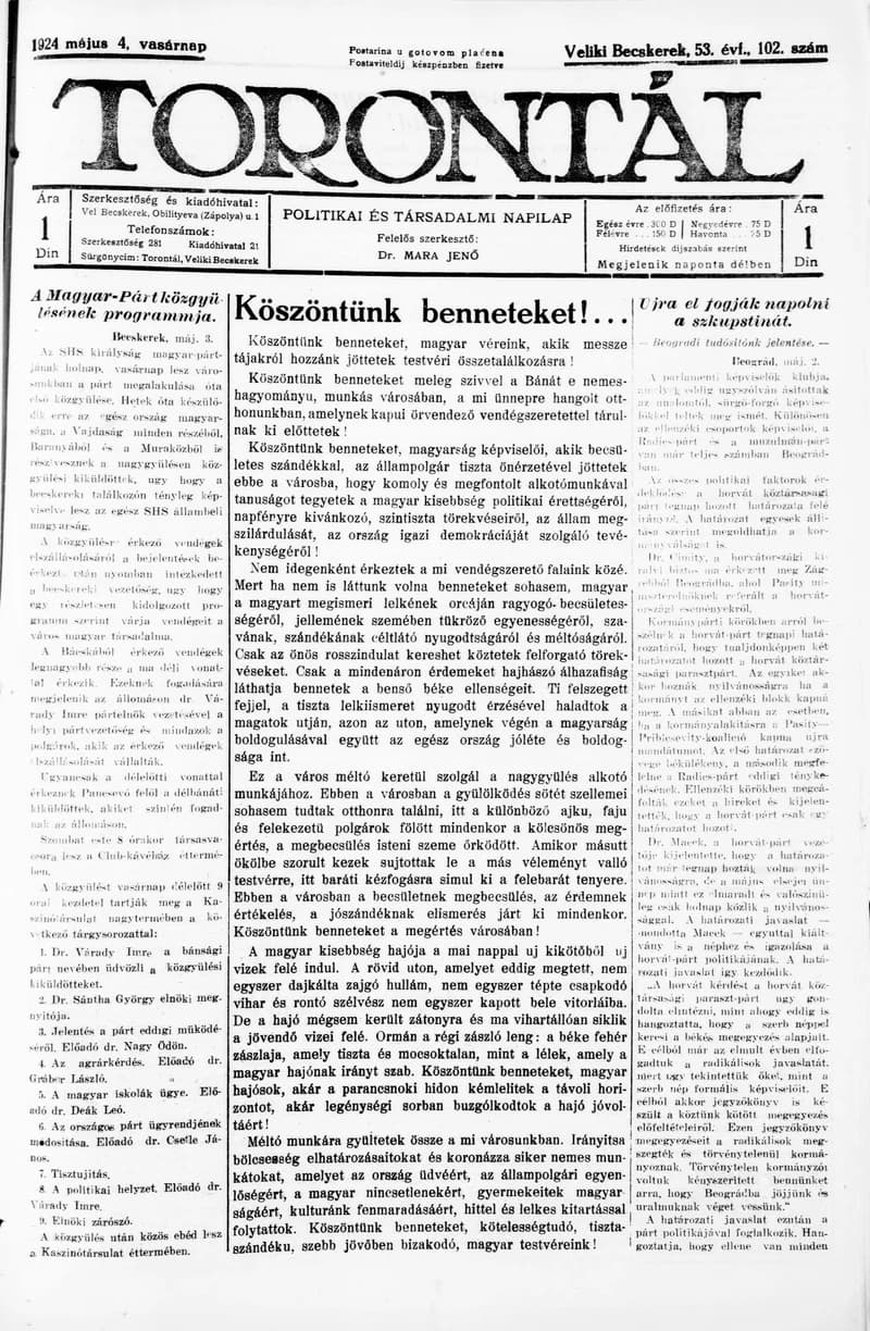 Torontál, 53. évf. 1924. május 4. 102. sz.